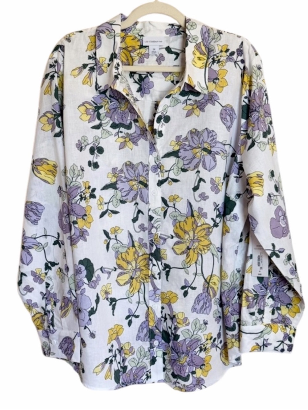 Liz Claiborne White Floral Button-Down Shirt with Yellow & Purple Flowers